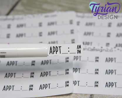 Appointment Time Stickers Mini Sheet for Planners and Journals. Black Type, clear or white matte stickers - Appt with Time space am pm