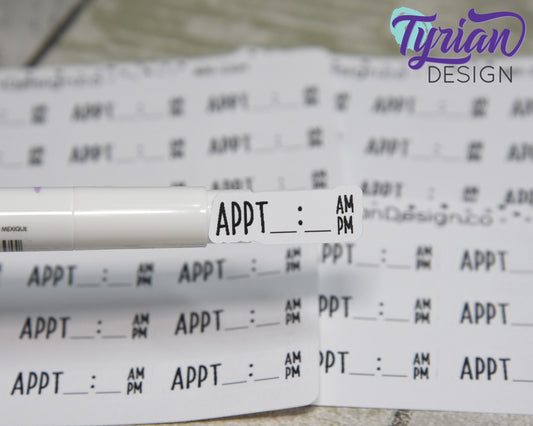 Appointment Time Stickers Mini Sheet for Planners and Journals. Black Type, clear or white matte stickers - Appt with Time space am pm