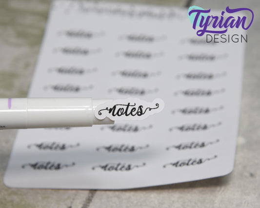 Notes script Stickers | 24 Stickers | .95" x .31" each. | Curlie Font