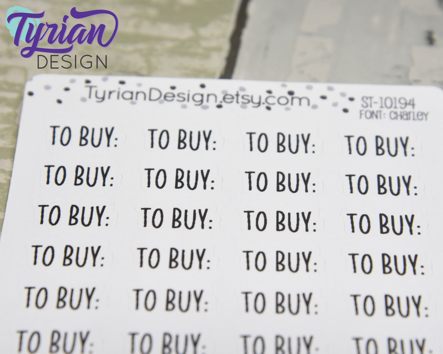 To Buy Stickers | 36 Stickers | .68 x .35" Each | Charley Font
