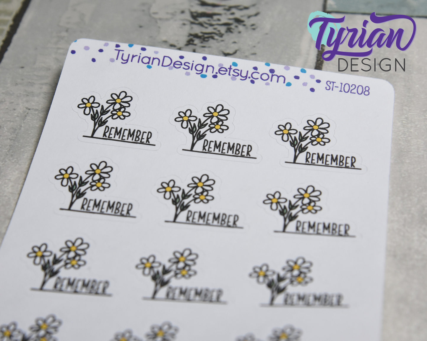 Hand Drawn Wild Daisies Remember Stickers. | 12 Stickers |  1 x .77" each.
