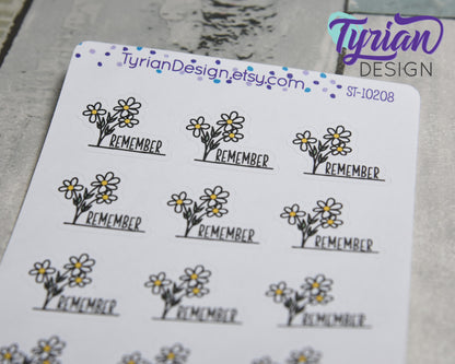 Hand Drawn Wild Daisies Remember Stickers. | 12 Stickers |  1 x .77" each.