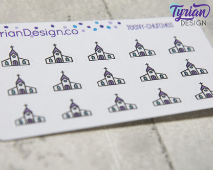 Church Stickers | Tiny Church stickers on mini sheet | Great for pocket planning | Worship icon sticker | Temple | White or Clear Matte