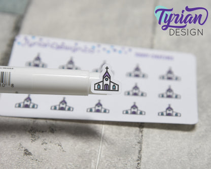 Church Stickers | Tiny Church stickers on mini sheet | Great for pocket planning | Worship icon sticker | Temple | White or Clear Matte