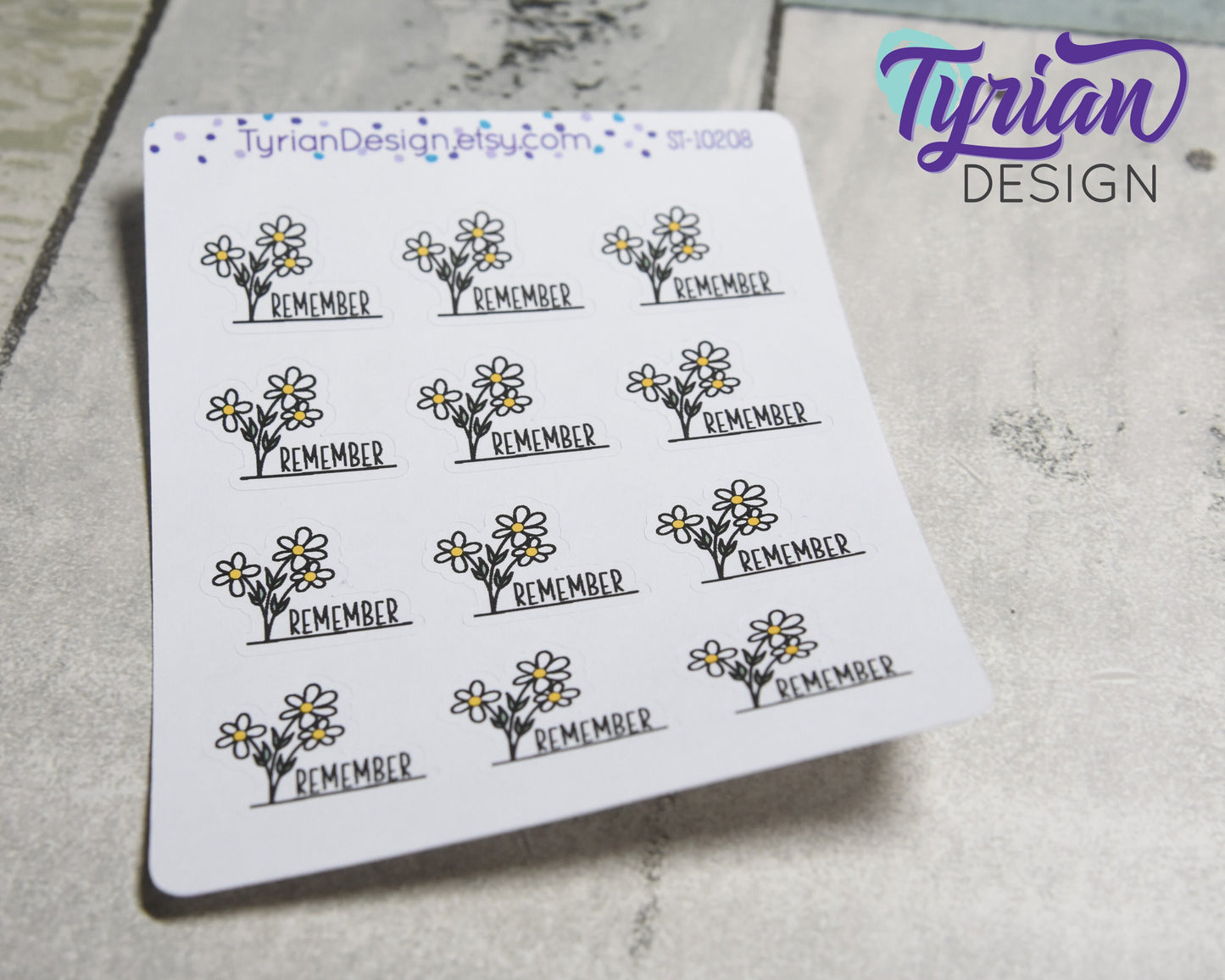 Hand Drawn Wild Daisies Remember Stickers. | 12 Stickers |  1 x .77" each.