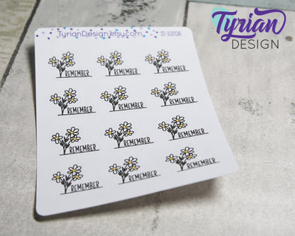 Hand Drawn Wild Daisies Remember Stickers. | 12 Stickers |  1 x .77" each.