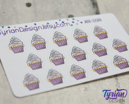 Cupcake Stickers Mini Sheet for Planners and Journals. mini cupcake stickers, birthdays, celebrations, clear or white matte stickers