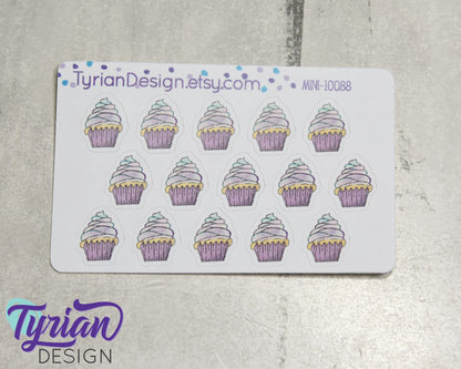 Cupcake Stickers Mini Sheet for Planners and Journals. mini cupcake stickers, birthdays, celebrations, clear or white matte stickers