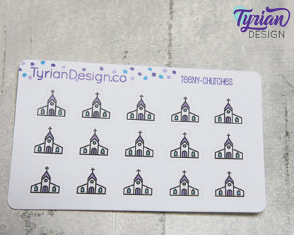 Church Stickers | Tiny Church stickers on mini sheet | Great for pocket planning | Worship icon sticker | Temple | White or Clear Matte