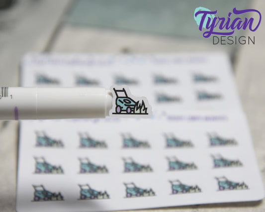 Lawn Mowing Icon Stickers |Tiny Lawn Mower on a mini sheet| Lawn Maintenance | Icon Sticker | pocket planning | White or Clear Matte