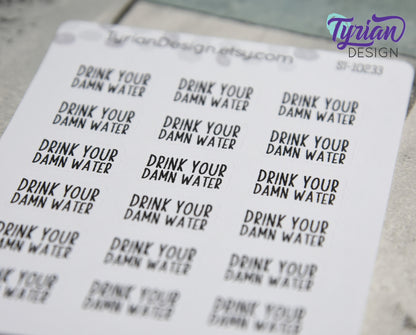 Drink your damn water Stickers | 18 Stickers | .8" x .5" each | Charley Font