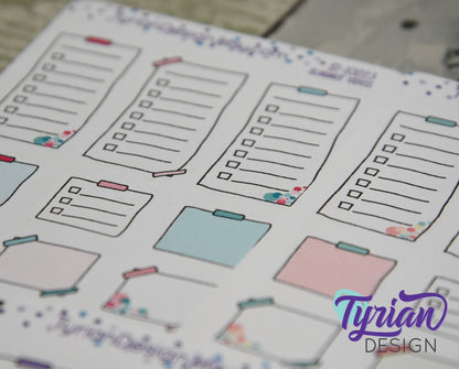 List Sticky Note Stickers | Different color options | Hand Drawn stickers | Layering Stickers | Over washi stickers | White Matte