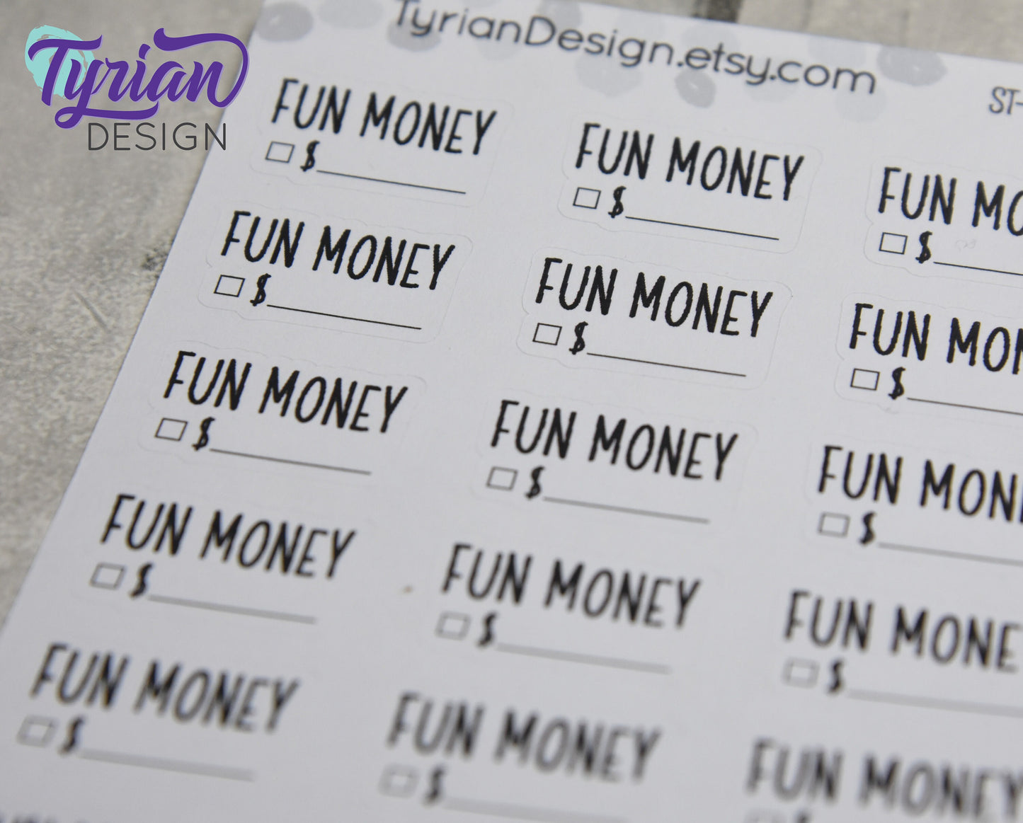 Fun Money Stickers Sheet for Planners and Journals. Black Type, clear or white matte stickers - Fun money spending Budget Stickers