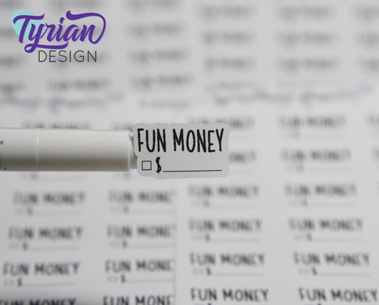 Fun Money Stickers Sheet for Planners and Journals. Black Type, clear or white matte stickers - Fun money spending Budget Stickers