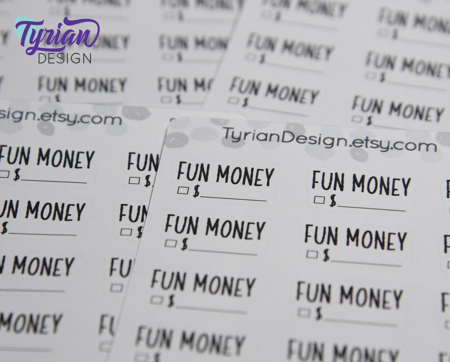 Fun Money Stickers Sheet for Planners and Journals. Black Type, clear or white matte stickers - Fun money spending Budget Stickers