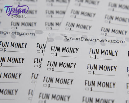 Fun Money Stickers Sheet for Planners and Journals. Black Type, clear or white matte stickers - Fun money spending Budget Stickers