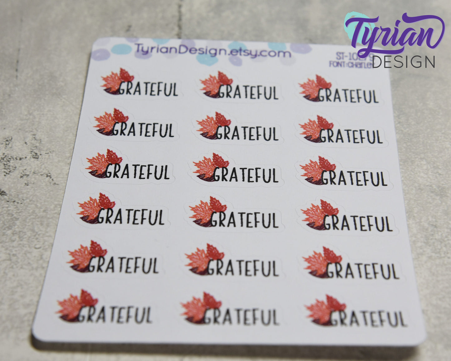 Grateful Stickers | 18 stickers | 1" x .57" each sticker | Font: Charley