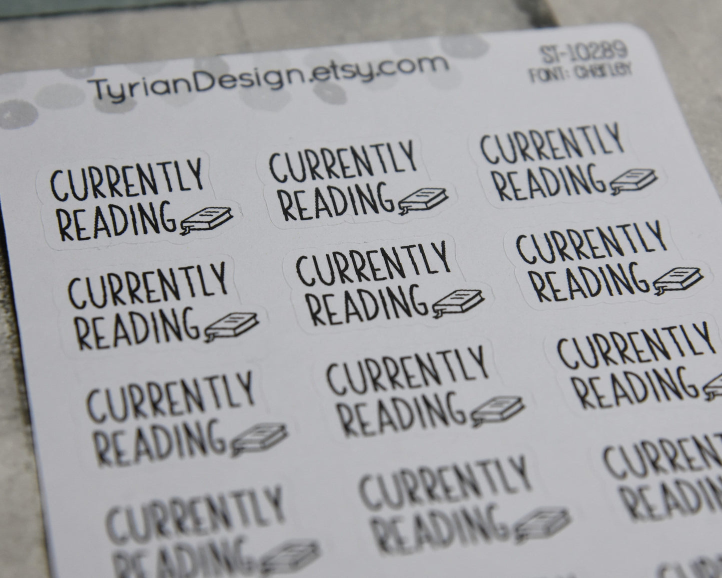 Currently Reading Stickers | 3.5 x 4.5" Sheet | 1 x .63" Sticker size | 15 stickers per sheet | Charlie Font
