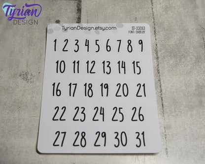 Days of the month 1-31 stickers| .5" tall stickers