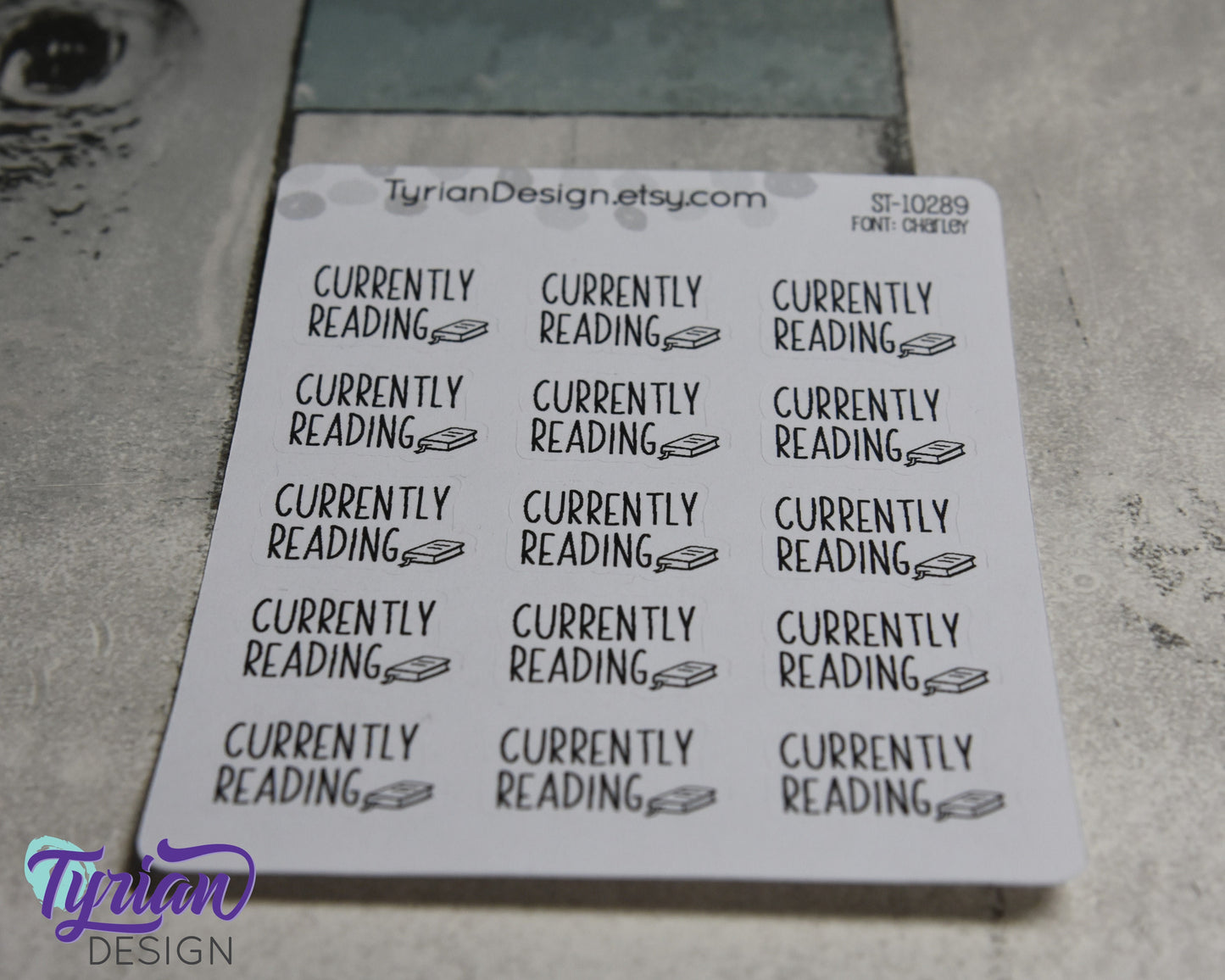 Currently Reading Stickers | 3.5 x 4.5" Sheet | 1 x .63" Sticker size | 15 stickers per sheet | Charlie Font