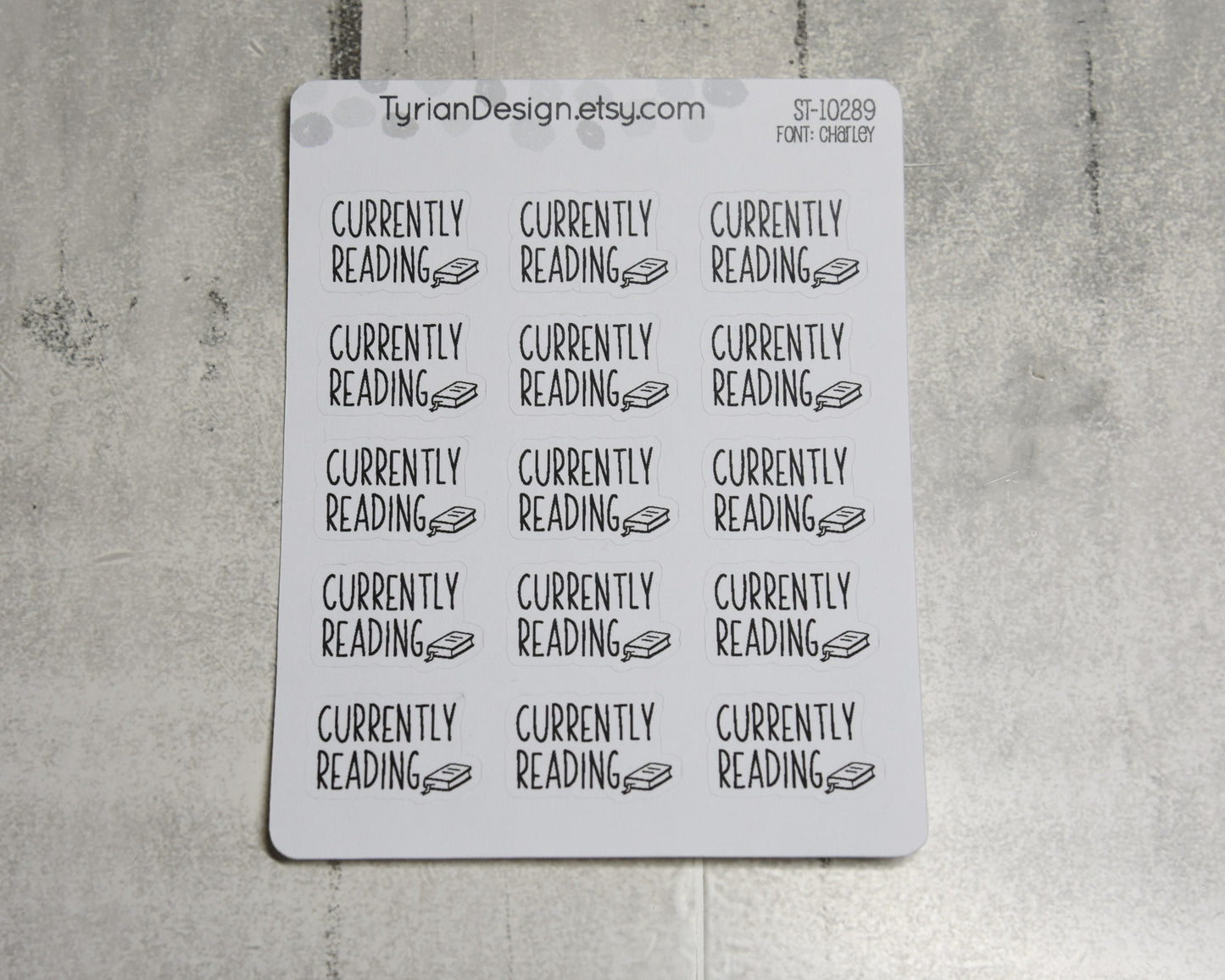 Currently Reading Stickers | 3.5 x 4.5" Sheet | 1 x .63" Sticker size | 15 stickers per sheet | Charlie Font