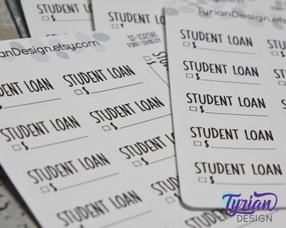 Student Loan Stickers Sheet for Planners and Journal | Black Type, clear or white matte stickers | Student Loan Budget Stickers