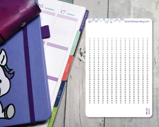4mm Habit Tracker Vertical Stickers  1-31 | 14 Stickers | 4mm x 125mm Each