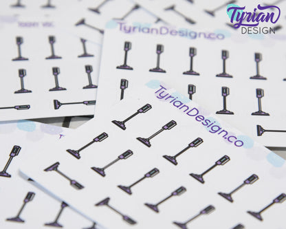 Vacuum Stickers | Tiny Stick Vacuum stickers on a mini sheet | 20 stickers | .3 x .6" each | Vacuum icon sticker | White or Clear Matte