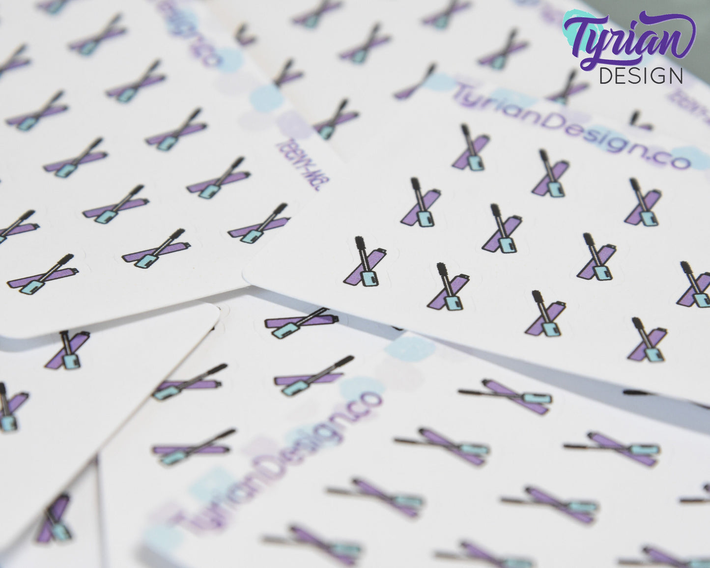 Mascara Stickers | Tiny Mascara stickers on a mini sheet | 18 stickers | .37 x .5" each | Mascara icon sticker | White or Clear Matte