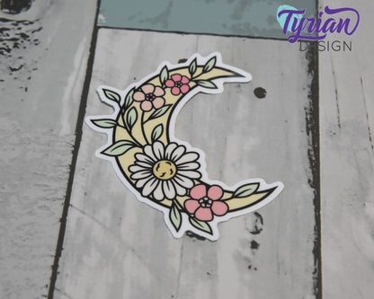 Flower Moon Vinyl Sticker | high quality weather proof vinyl | 2.5 x 3" | Moon with Flowers Pastel sticker