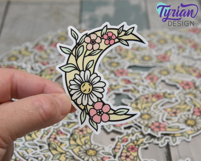 Flower Moon Vinyl Sticker | high quality weather proof vinyl | 2.5 x 3" | Moon with Flowers Pastel sticker