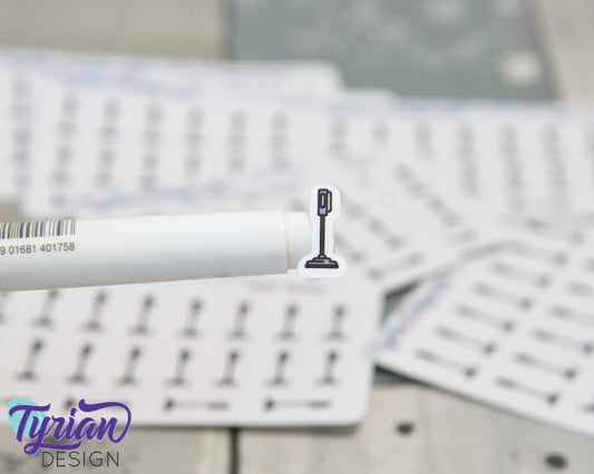 Vacuum Stickers | Tiny Stick Vacuum stickers on a mini sheet | 20 stickers | .3 x .6" each | Vacuum icon sticker | White or Clear Matte