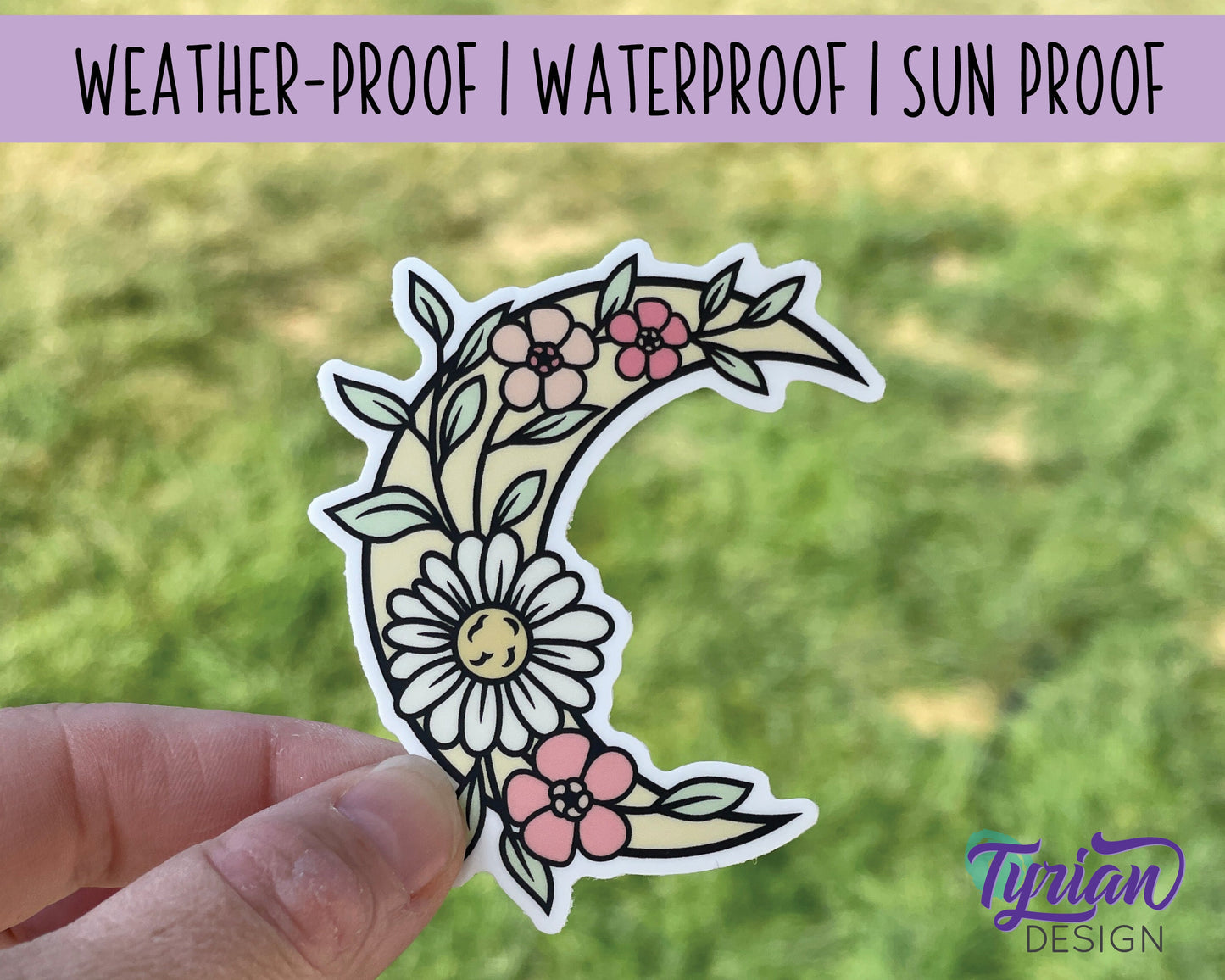 Flower Moon Vinyl Sticker | high quality weather proof vinyl | 2.5 x 3" | Moon with Flowers Pastel sticker