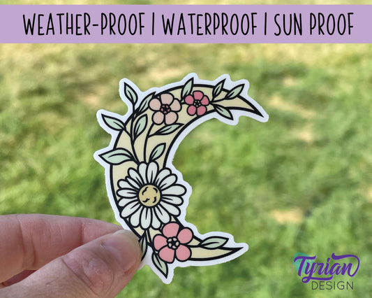 Flower Moon Vinyl Sticker | high quality weather proof vinyl | 2.5 x 3" | Moon with Flowers Pastel sticker