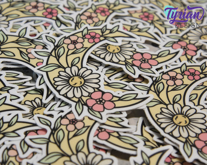 Flower Moon Vinyl Sticker | high quality weather proof vinyl | 2.5 x 3" | Moon with Flowers Pastel sticker
