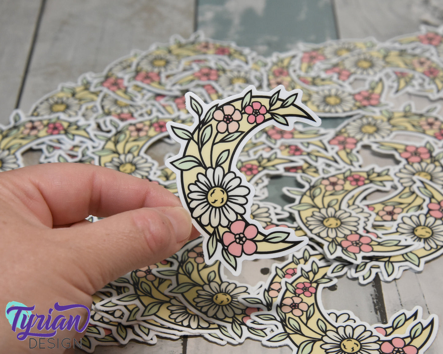 Flower Moon Vinyl Sticker | high quality weather proof vinyl | 2.5 x 3" | Moon with Flowers Pastel sticker