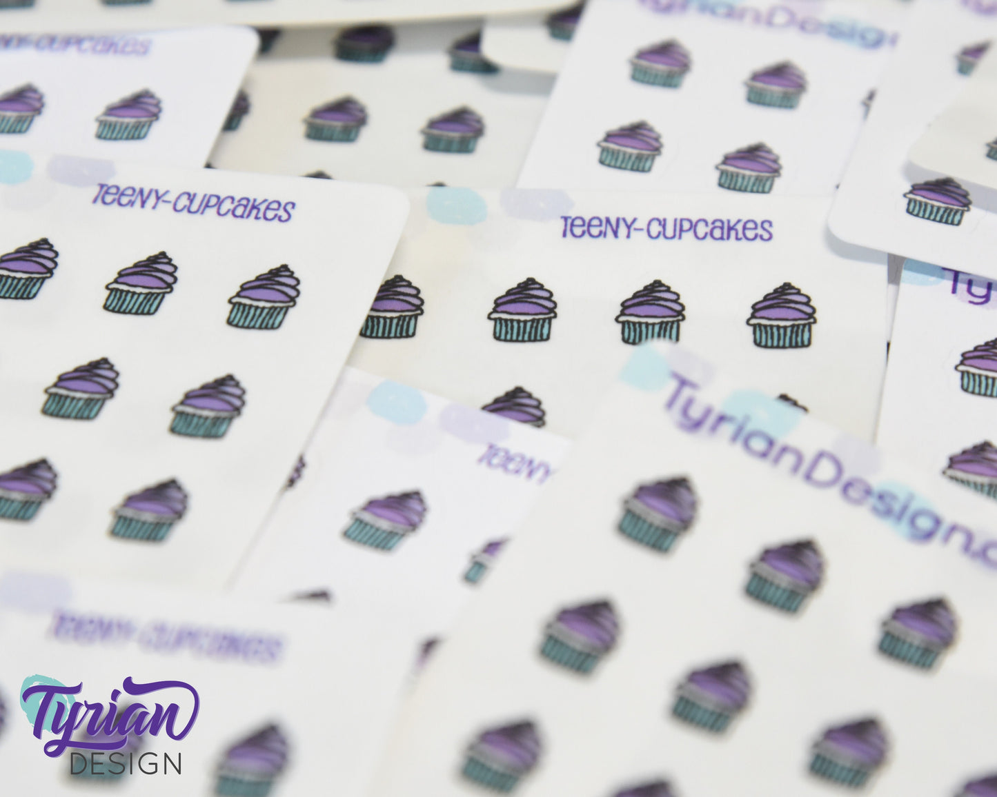 Cupcake Stickers | Tiny purple cupcake stickers on a mini sheet | 21 stickers | .34 x .42" each | Cake icon sticker | White or Clear Matte