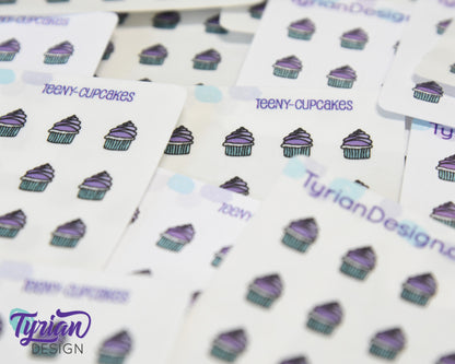 Cupcake Stickers | Tiny purple cupcake stickers on a mini sheet | 21 stickers | .34 x .42" each | Cake icon sticker | White or Clear Matte