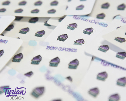 Cupcake Stickers | Tiny purple cupcake stickers on a mini sheet | 21 stickers | .34 x .42" each | Cake icon sticker | White or Clear Matte