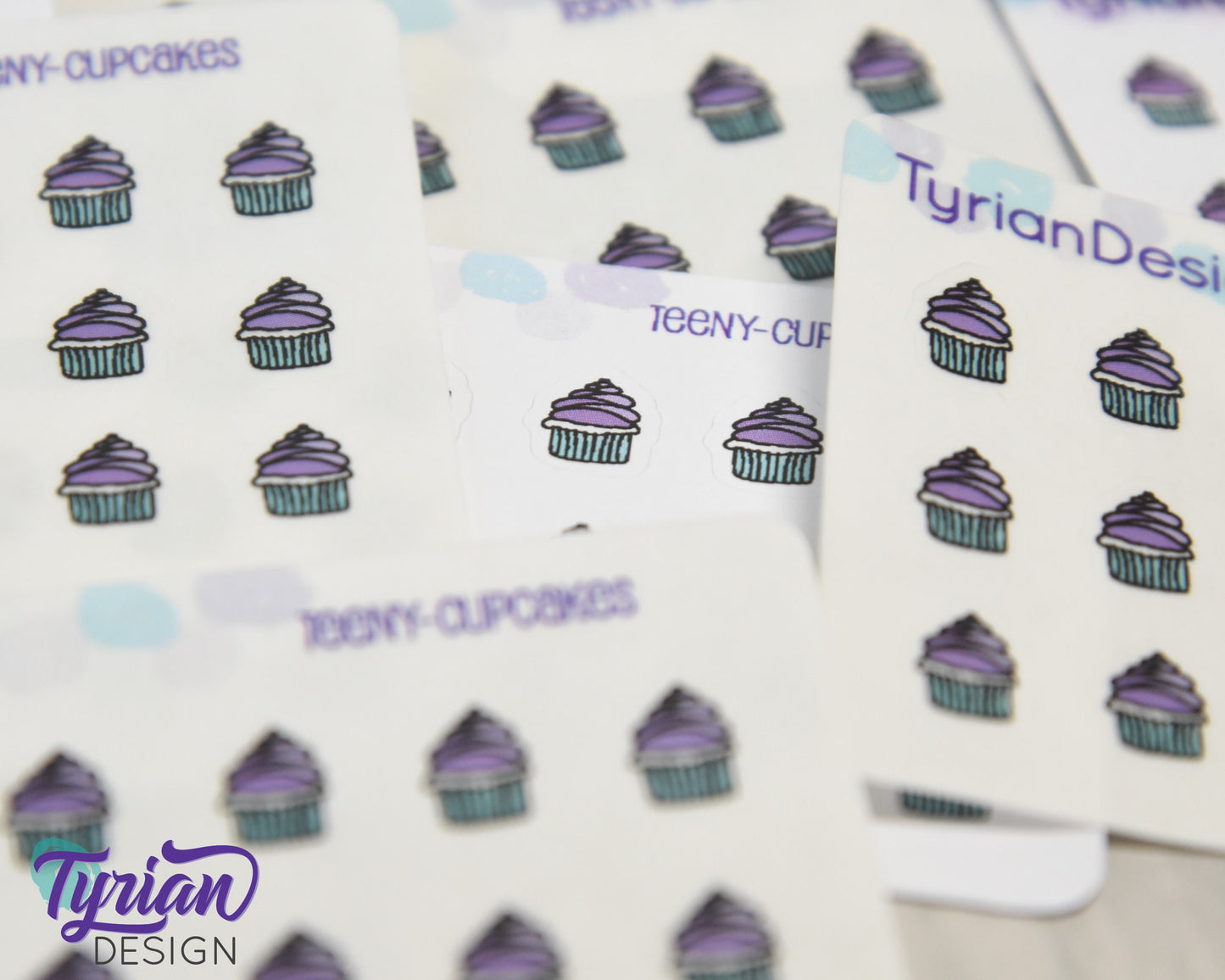 Cupcake Stickers | Tiny purple cupcake stickers on a mini sheet | 21 stickers | .34 x .42" each | Cake icon sticker | White or Clear Matte