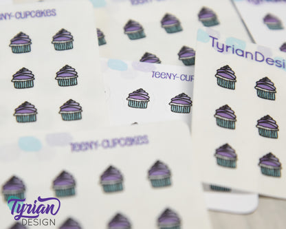 Cupcake Stickers | Tiny purple cupcake stickers on a mini sheet | 21 stickers | .34 x .42" each | Cake icon sticker | White or Clear Matte