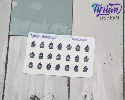 Cupcake Stickers | Tiny purple cupcake stickers on a mini sheet | 21 stickers | .34 x .42" each | Cake icon sticker | White or Clear Matte