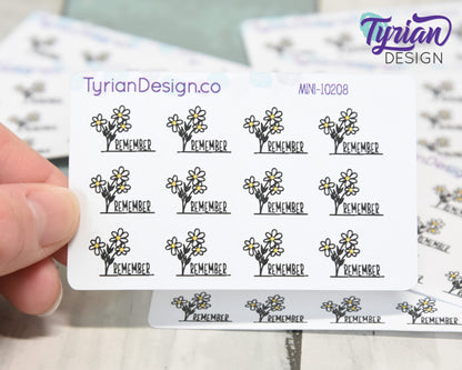 Mini Daisy Remember Stickers | Mini Sheet of Daisies | 12 Stickers | .73 x .56" each | 3.375" x 2.125" Mini Sheet | White or Clear Matte