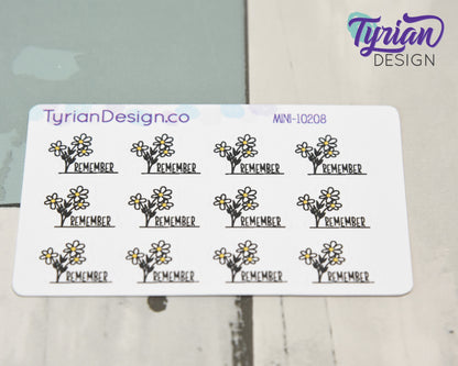 Mini Daisy Remember Stickers | Mini Sheet of Daisies | 12 Stickers | .73 x .56" each | 3.375" x 2.125" Mini Sheet | White or Clear Matte