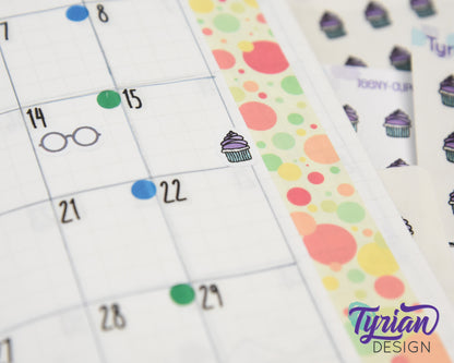 Cupcake Stickers | Tiny purple cupcake stickers on a mini sheet | 21 stickers | .34 x .42" each | Cake icon sticker | White or Clear Matte