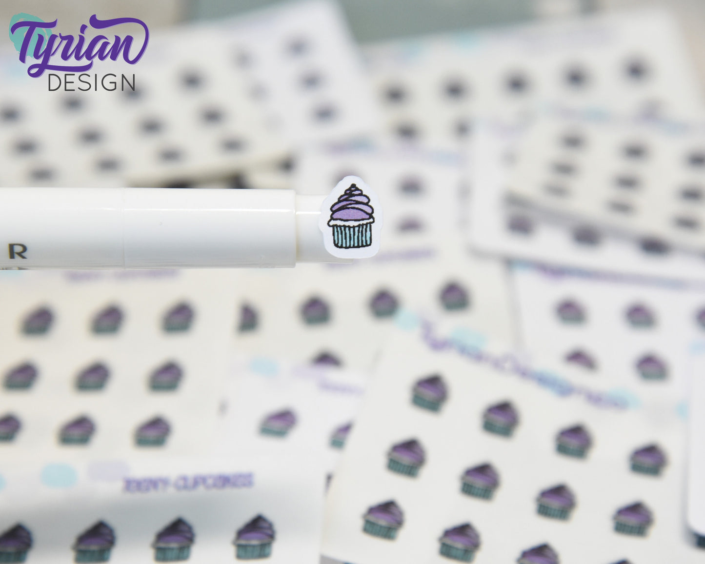 Cupcake Stickers | Tiny purple cupcake stickers on a mini sheet | 21 stickers | .34 x .42" each | Cake icon sticker | White or Clear Matte