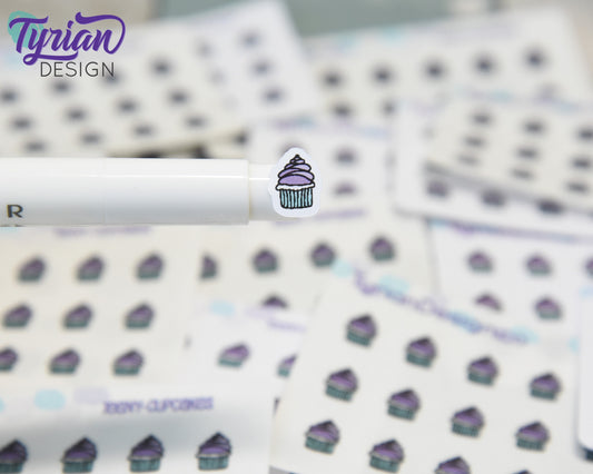 Cupcake Stickers | Tiny purple cupcake stickers on a mini sheet | 21 stickers | .34 x .42" each | Cake icon sticker | White or Clear Matte