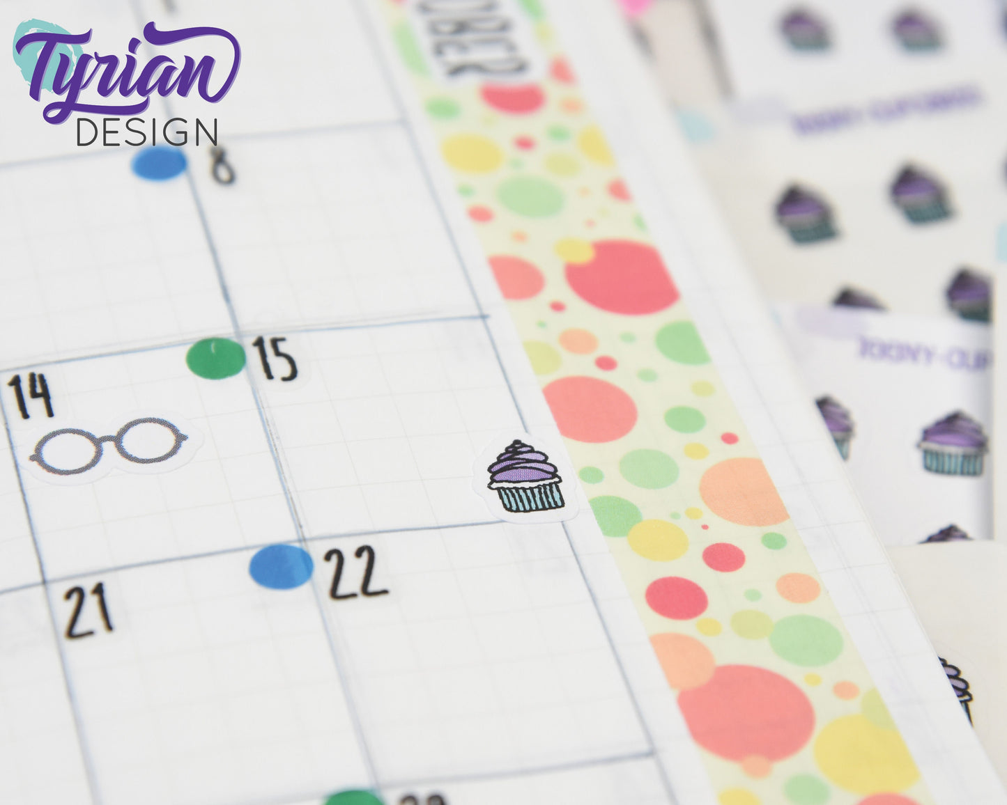 Cupcake Stickers | Tiny purple cupcake stickers on a mini sheet | 21 stickers | .34 x .42" each | Cake icon sticker | White or Clear Matte