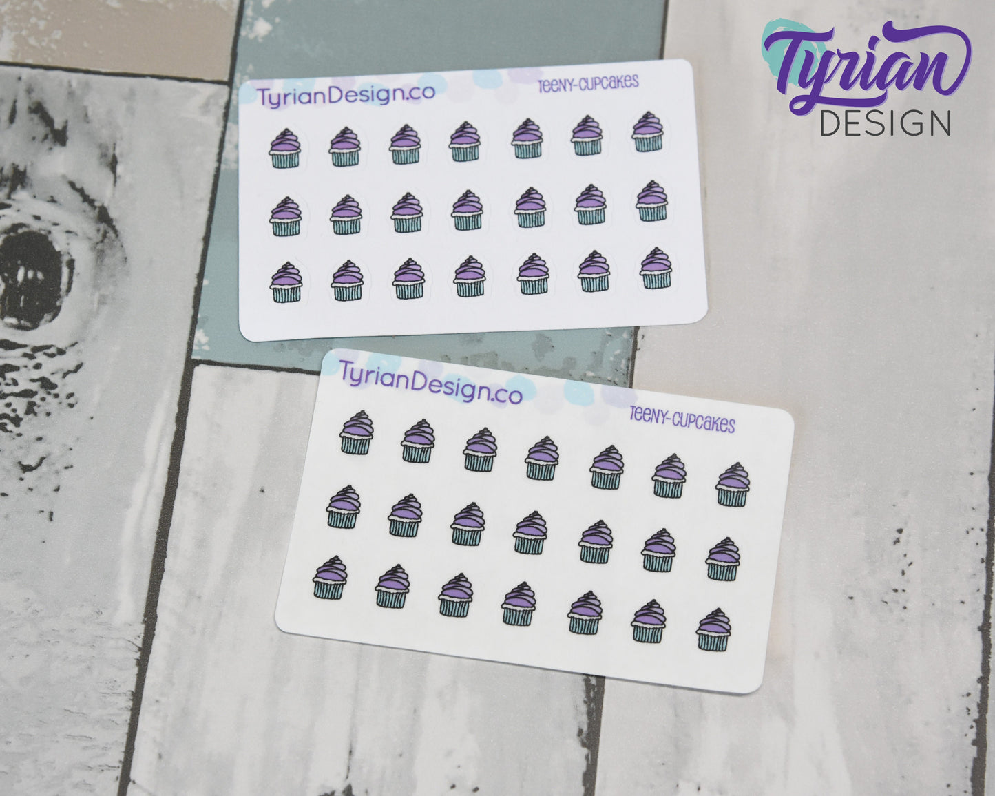Cupcake Stickers | Tiny purple cupcake stickers on a mini sheet | 21 stickers | .34 x .42" each | Cake icon sticker | White or Clear Matte