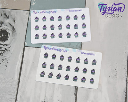 Cupcake Stickers | Tiny purple cupcake stickers on a mini sheet | 21 stickers | .34 x .42" each | Cake icon sticker | White or Clear Matte